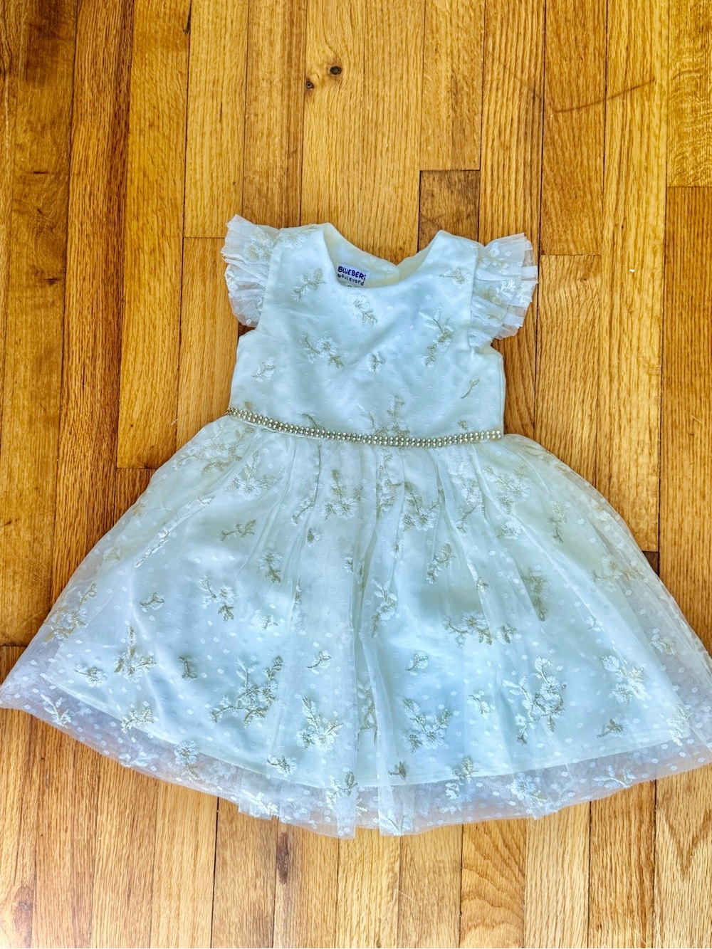 Ivory Gold Floral Embroidered Tulle Dress with Rhinestone Belt